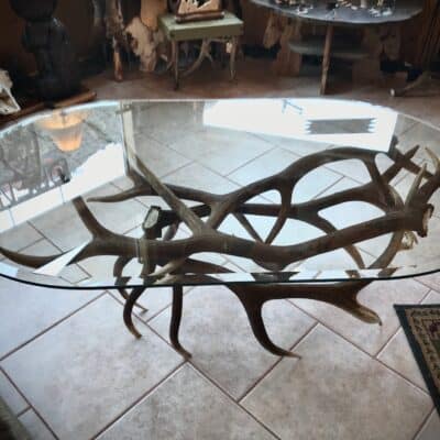 Unique Antler designs a large Elk Antler Coffee Table that comes with a 3x5'' glass. For every table we individually hand select each antler. We use top grade  antler when creating our tables to ensure everything is sturdy and well crafted. The ends of each antler rosette is buffed and polished to a shine.