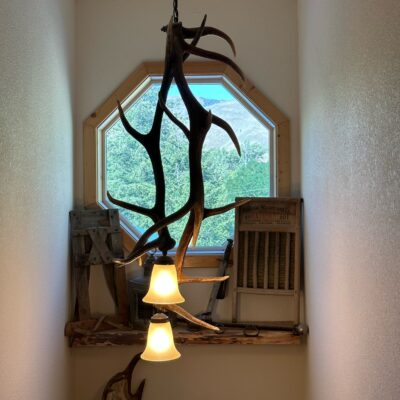 Unique Antler designs many Pendant Light. This light depicted in the photo has 2 lights. Their setup can vary upon request. We offer a pendant light that consists of two elk antlers and a single light or a double light. We also have a three light pendent and a three elk antler two light pendent. This light gives a simple rustic feel to any room. Our rosettes are all buffed smooth and polished to a shine. The light is approx. 24" in length and can be hung the appropriate room height upon installation. We have a Wall Pendant Light setup that consists of two elk antlers and two candelabra lights, each with hand stitched raw hide shades. Our rosettes are all buffed smooth and polished to a shine. The light is approx. 24" in length.